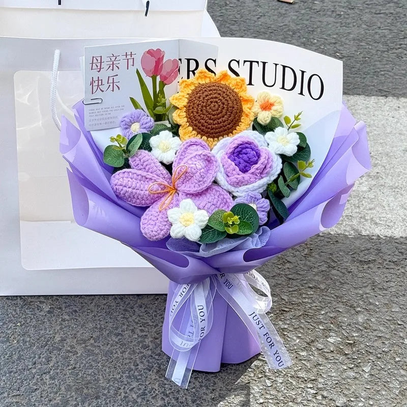 Handmade Crochet Flowers Bouquet Mothers Day Gifts Finished Hand-Knitted Crochet Graduation Bouquet Teacher' Day Birthday Gift
