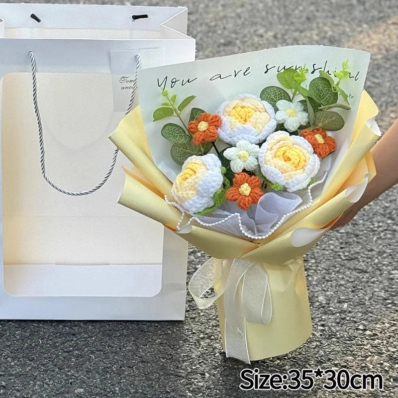 Handmade Crochet Flowers Bouquet Mothers Day Gifts Finished Hand-Knitted Crochet Graduation Bouquet Teacher' Day Birthday Gift