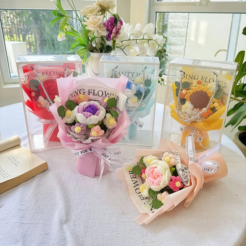 Handmade Crochet Flowers Bouquet Mothers Day Gifts Finished Hand-Knitted Crochet Graduation Bouquet Teacher' Day Birthday Gift