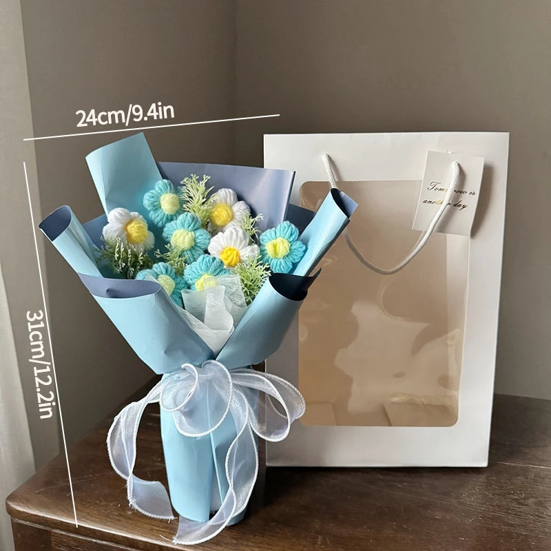 Handmade Crochet Flowers Bouquet Mothers Day Gifts Finished Hand-Knitted Crochet Graduation Bouquet Teacher' Day Birthday Gift