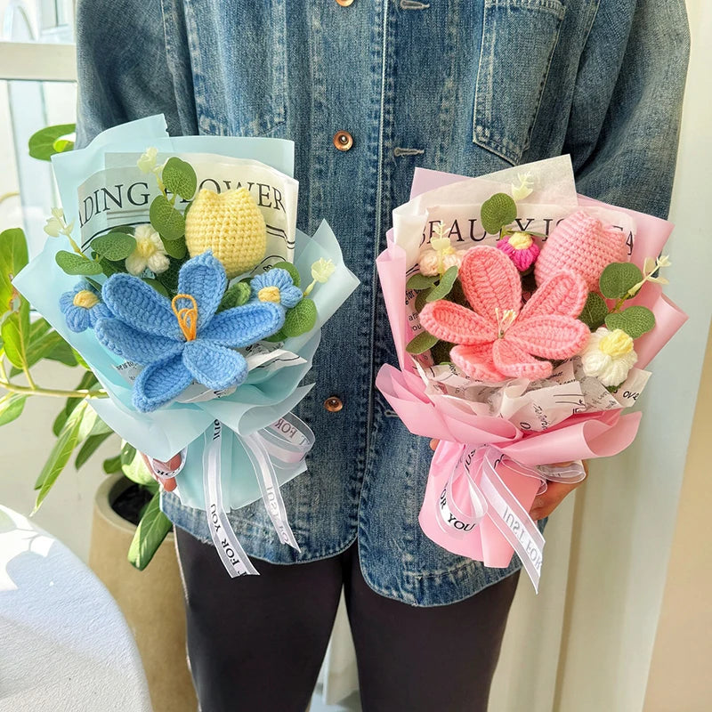 Handmade Crochet Flowers Bouquet Mothers Day Gifts Finished Hand-Knitted Crochet Graduation Bouquet Teacher' Day Birthday Gift