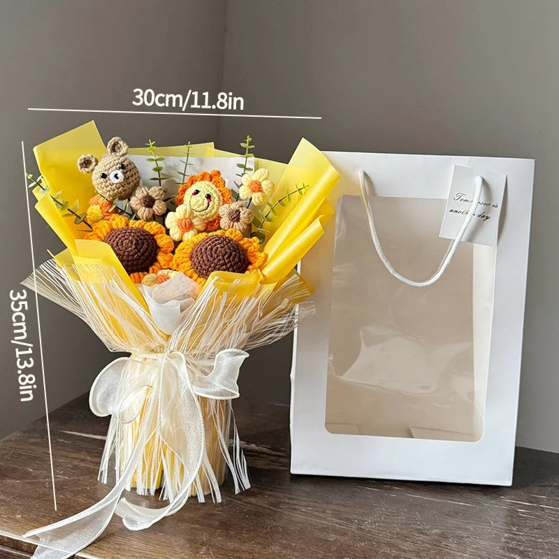 Handmade Crochet Flowers Bouquet Mothers Day Gifts Finished Hand-Knitted Crochet Graduation Bouquet Teacher' Day Birthday Gift