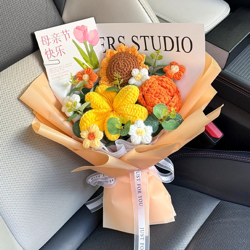 Handmade Crochet Flowers Bouquet Mothers Day Gifts Finished Hand-Knitted Crochet Graduation Bouquet Teacher' Day Birthday Gift