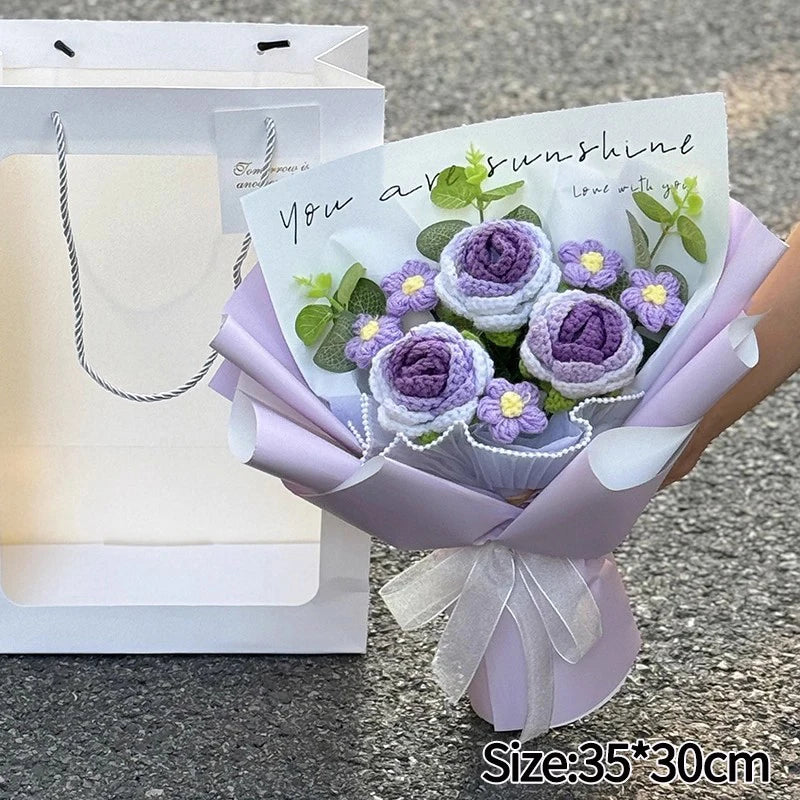 Handmade Crochet Flowers Bouquet Mothers Day Gifts Finished Hand-Knitted Crochet Graduation Bouquet Teacher' Day Birthday Gift