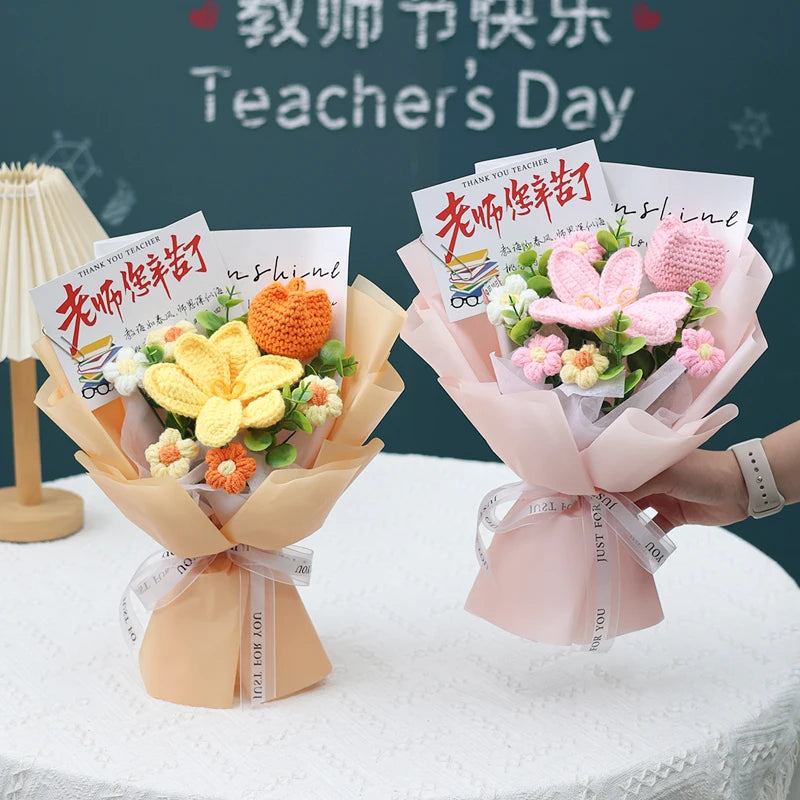 Handmade Crochet Flowers Bouquet Mothers Day Gifts Finished Hand-Knitted Crochet Graduation Bouquet Teacher' Day Birthday Gift