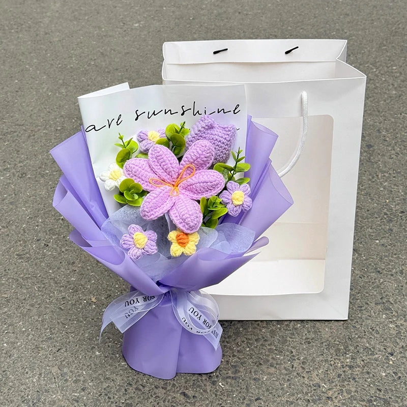 Handmade Crochet Flowers Bouquet Mothers Day Gifts Finished Hand-Knitted Crochet Graduation Bouquet Teacher' Day Birthday Gift